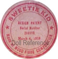Duckme Doll Company doll mark Sweetie Kid Made of Wood Fibre Composition Design Patent Serial Number 238398, March 4, 1919 