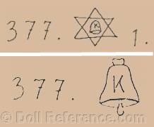 Kling doll mark 377 star symbol, bell symbol, K 1, 377 bell symbol K