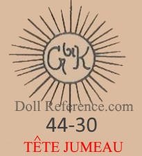Gebruder Kühnlenz doll mark GBrK inside a sunburst 44-30 Tête Jumeau red stamp
