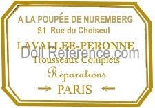 Lavalle-Peronne Doll Shop doll mark label A la Poupe de Nuremberg, 21 Rue de Choiseul, 