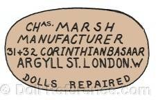 Charles Marsh doll mark label 31 & 32 Corinthian Bazaar Argyll St. London W Dolls Repaired
