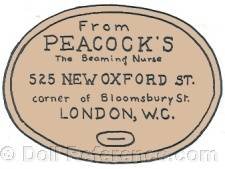 Peacock doll mark label 525 New Oxford St. corner of Bloomsbury St., London, W.C