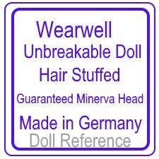 Sears Wearwell doll mark label Wearwell unbreckable doll hair stuffed genuine minerva head made in Germany