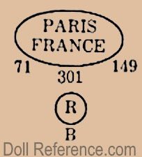 SFBJ Jumeau doll mark PARIS FRANCE inside an oval 71 149  doll mold 301 R inside a circle B