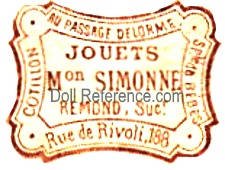 Maison François Simonne doll mark label Ru Passage Delorme, Jouets Mon., Simonne, Redmond Suc., Rue de Rivoli 188