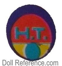 H.T. Hong Kong Tina doll mark label oval purple, oval red, gold,  oval aqua with H.T. inside