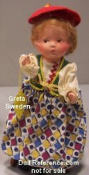 Dollcraft Novelty Greta of Sweden doll, 8"  1939 NY Worlds Fair doll