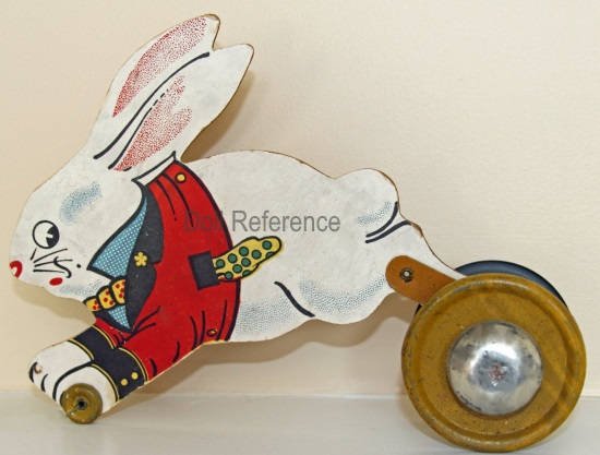 1917 Quaddy Playthings Leaping Rabbit doll scooter pull toy 
