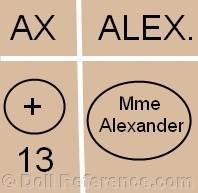 Madame Alexander doll marks AX, Alex., circle X 13, Mme Alexander