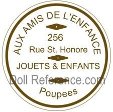 Aux Amis de l'Enfance doll mark label 256 Rue St. Honoré (Cousin)
