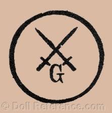 Theodor Degenring, Günthersfeld Porzellanfabrik doll mark two crossed swords initial G in side a circle