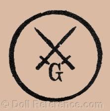 Theodor Degenring, Gnthersfeld Porzellanfabrik doll mark two crossed swords initial G in side a circle