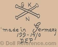 Gebrüder Knoch doll mark GKN, two crossed bones symbol, made in Germany, 199 14/0 DEP