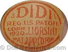 Jeanne I. Orsini doll mark label Didi Reg. U.S. Pat. Off. Copr. 1920 J.J. Orsini Pat. Appl'd For Germany