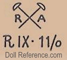 Recknagel doll mark R crossed nails A RIX - 11/0