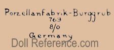 Schoenau & Hoffmeister doll mark Porzellanfabrik Burggrub 769 8/O Germany