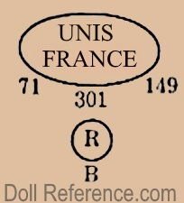 ca. 1949 SFBJ Jumeau doll mark UNIS FRANCE inside an oval 71 149 doll mold 301 R inside a circle B
