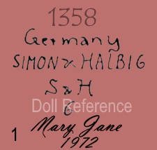 Simon & Halbig doll mark 1358 Germany Simon & Halbig S & H 6 Mary Jane 1972 reproduction