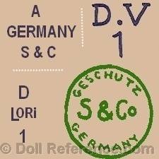 Swaine doll mark A Germany S & C, D.V. 1, D Lori 1