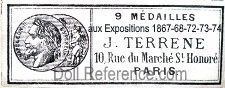  J. Terrène doll mark label, 10 rue de Marché St. Honoré 