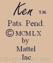 Ken doll mark Ken Pats. Pend.  MCMLX by Mattel Inc.