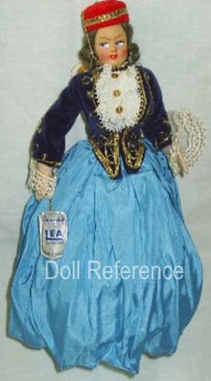 Lea Dolls 1960s,  Maid of Athens doll with leather, cloth body, blue velvet short jacket, blue full skirt 1960s tourist, souvenir doll