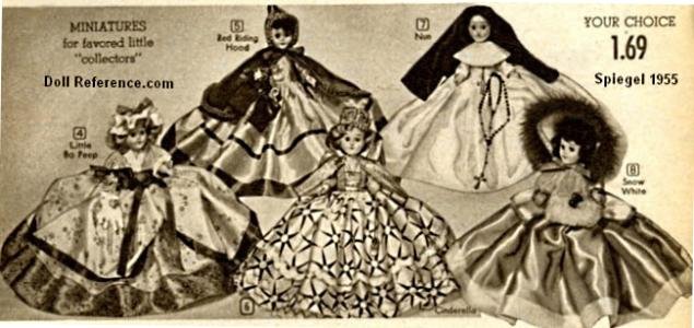 1957 Spiegel catalog - Miniatures for favored little "collectors" Dress Me dolls 7 1/2" tall, $1.69