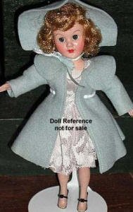1950's Richwood Sandra Sue doll is 8-9" tall in blue coat & hat