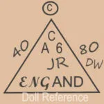 Alresford Crafts doll mark CA6 JR in a triangle England