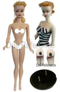 1959 number one Barbie doll full 11 1/2", rooted blonde ponytail hair, holes in bottom of feet, black stand with prongs