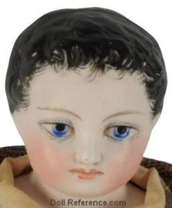 Barrois or Halopeau Antique Lady Dolls French 3 1880 Eugene Barrois boy doll, China shoulder head with molded painted black hair, feathered brows, painted upper and lower eyelashes, blue painted eyes rimmed with black, closed mouth, kid body, doll mark EB