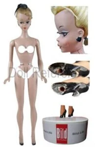 1955 Bild Lilli full doll 11 1/2", wig cap, molded shoes, white Bild-Lilli stand