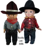 Buddy Lee 1920+ Antique to Vintage Dolls and Gem Dolls Identified USA 5 ca. 1920s+ Buddy Lee cowboy dolls in Lee blue jeans