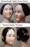 China Head Antique 1836+ Dolls 2 1840's China Head Doll Bun Damenkoph,
Lady head, Young Queen Victoria