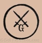 C-D German Doll Makers and Marks 9 Theodor Degenring, Günthersfeld Porzellanfabrik doll mark two crossed swords initial G in side a circle