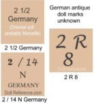 German Antique Mystery Unidentified Doll Mold and Size Numbers 2 German doll marks 2 1/2 Germany, 2/14 N Germany, 2 R 8