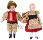 1920s Carl Horn all bisque man & woman 1 1/2" crocheted dressed dolls