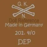 Gebruder Knoch 1877+ Antique Bisque Dolls German 4 Gebrüder Knoch black doll mark GKN, two crossed bones symbol, Made in Germany 201 4/0 DEP