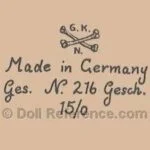 Gebruder Knoch 1877+ Antique Bisque Dolls German 6 Gebrüder Knoch doll mark GKN, two crossed bones symbol, Made in Germany Ges. N. 216 Gesch.