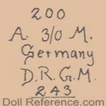 Armand Marseille 1884+ Antique Bisque Doll Marks, Mold Numbers German 2 Marseille doll mark 200 AM 243 DRGM googly