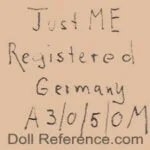 Armand Marseille 1884+ Antique Bisque Doll Marks, Mold Numbers German 9 Armand Marseille doll mark Just Me Registered Germany AM 3/0/5/0
