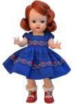 1953 Nancy Ann Muffie doll 8" tall #505 blue dress red heart trim