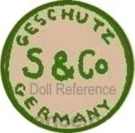 Swaine 1910+ Antique Bisque Dolls, Marks German 12 GESCHUTZT GERMANY S & CºGreen ink stamp in a circle