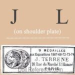 T-W French Antique Doll Makers, Doll Marks 2 J. Terrene doll mark label 10 rue de Marché St. Honoré, doll mark on head J L