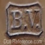 T-W French Antique Doll Makers, Doll Marks 9 Brasseur & Videlier doll shoes mark BV